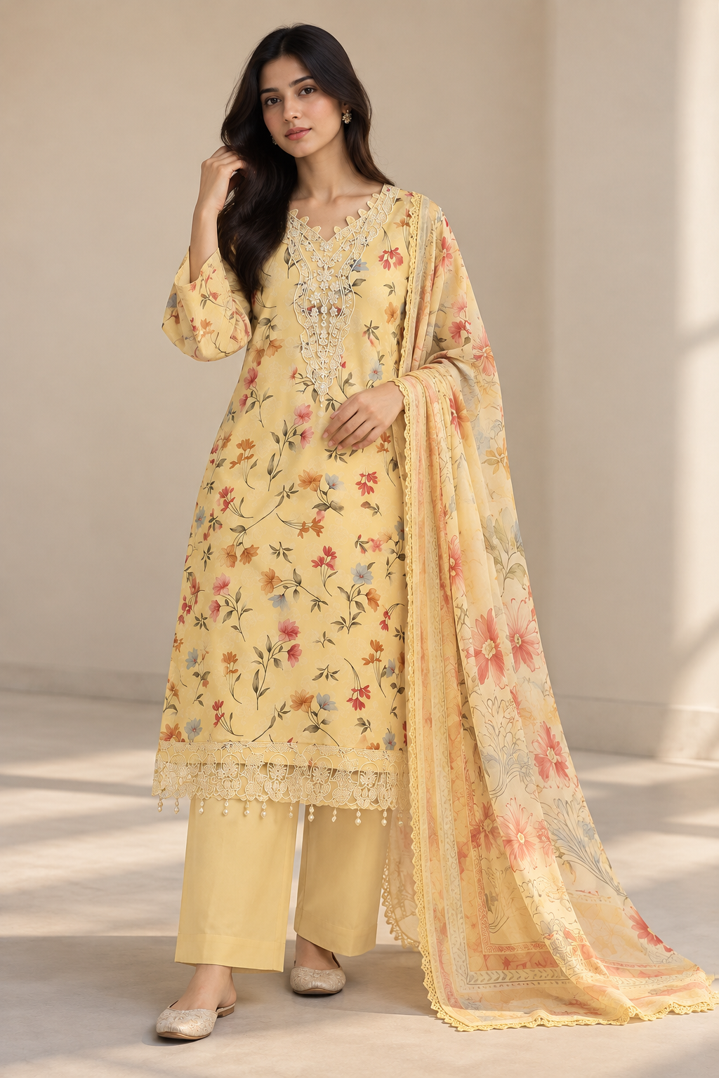Yellow Floral Embroidered Kurta Set
