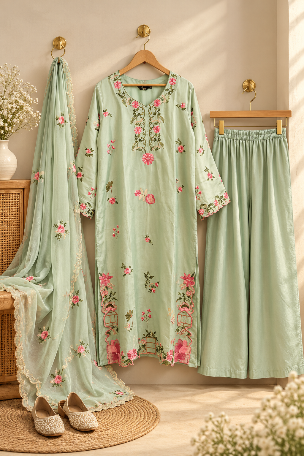 Pastel Mint Green Embroidered Kurta Set with Dupatta for Women