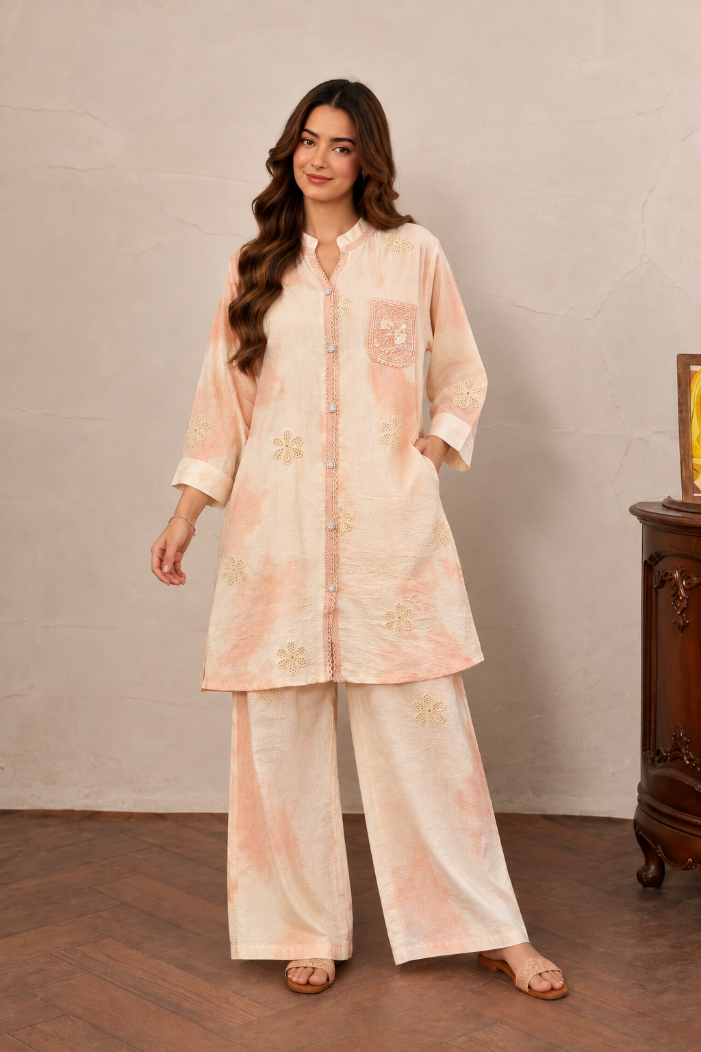 Pastel Peach Tie-Dye Kurta Set with Pants