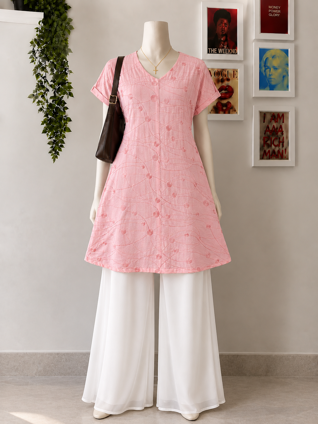Pastel Pink Thread Work Midi Dress