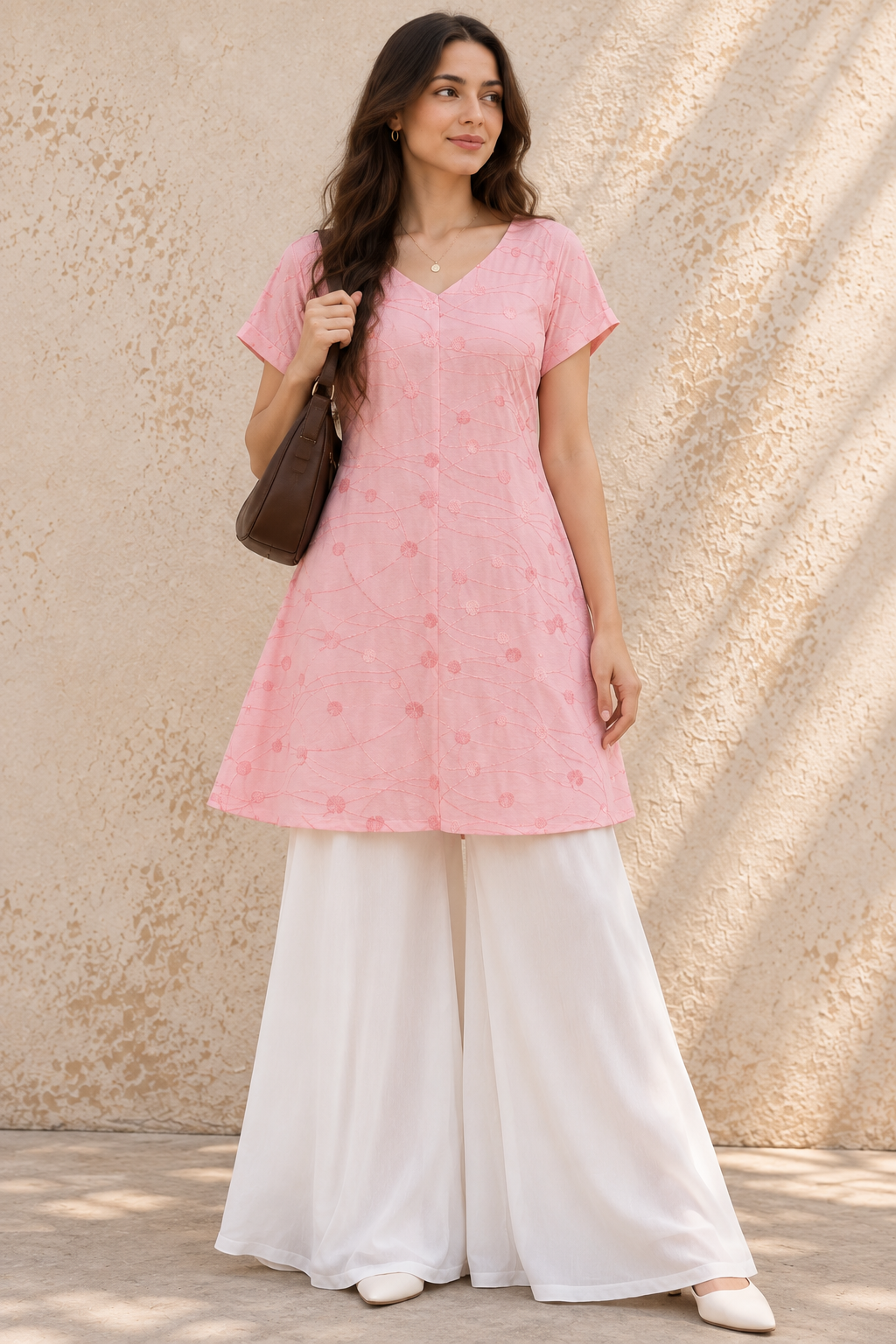 Pastel Pink Thread Work Midi Dress