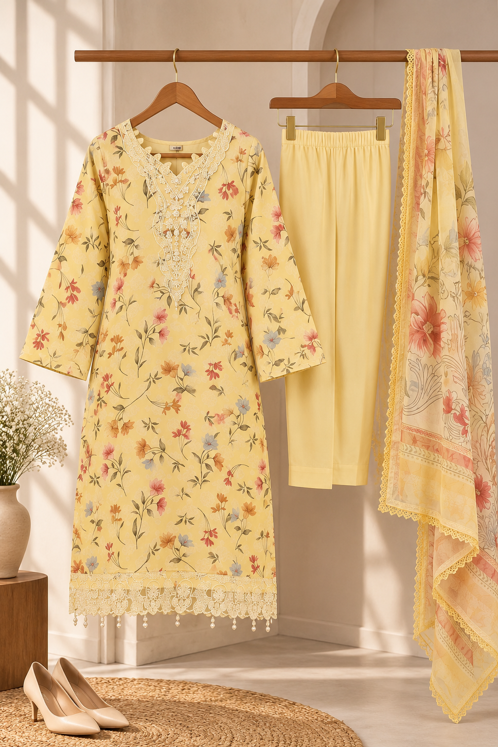 Yellow Floral Embroidered Kurta Set