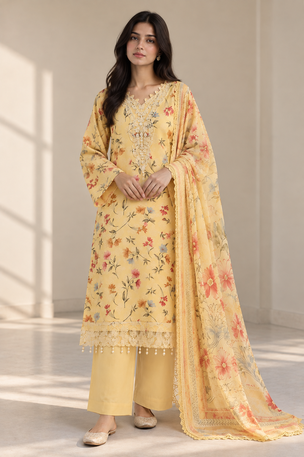 Yellow Floral Embroidered Kurta Set