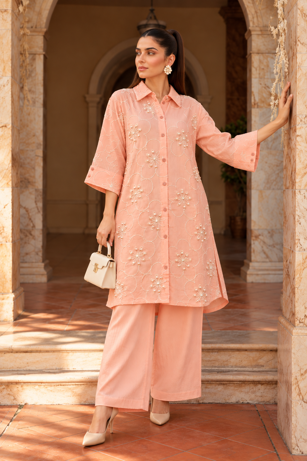 Peach Floral Embroidered Co-Ord Set