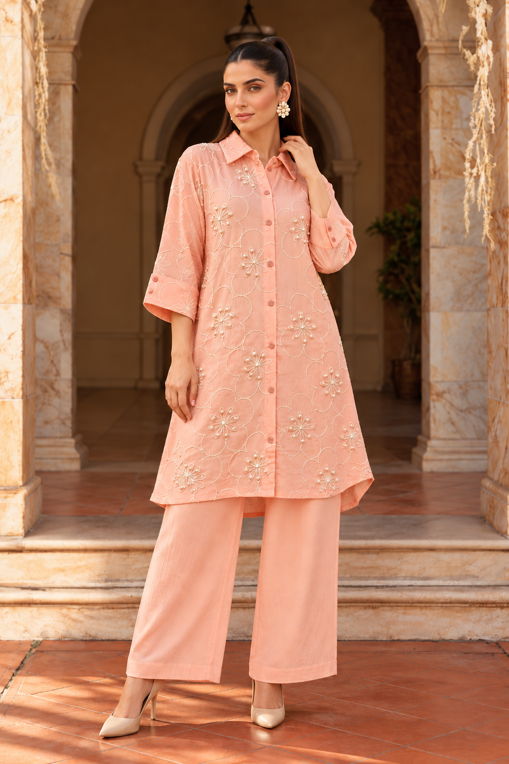 Peach Floral Embroidered Co-Ord Set