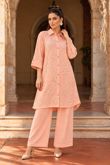 Peach Floral Embroidered Co-Ord Set
