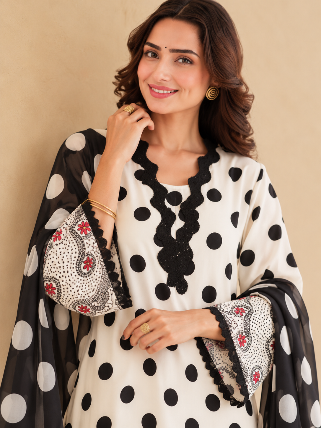 Polka Dot Kurta Set with Printed Pants
