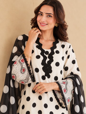 Polka Dot Kurta Set with Printed Pants