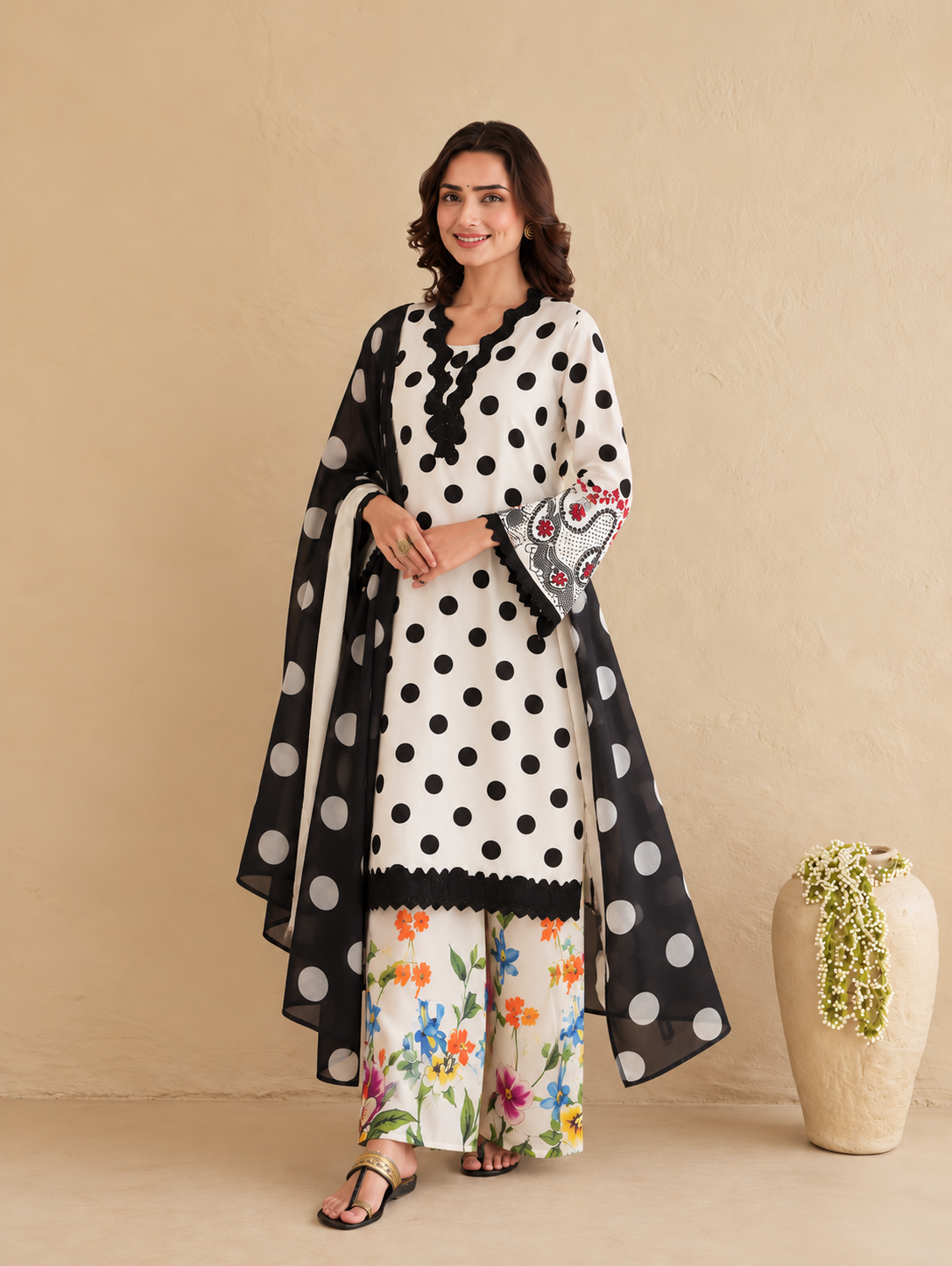 Polka Dot Kurta Set with Printed Pants