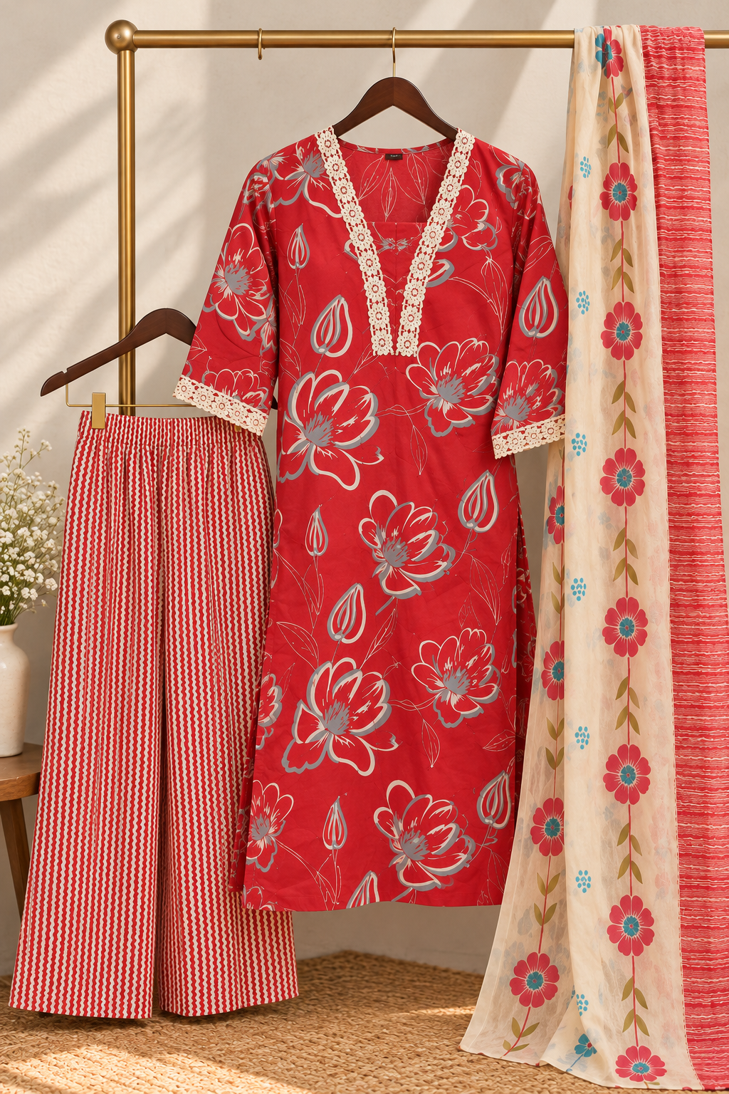 Red Floral Cotton Kurta Set