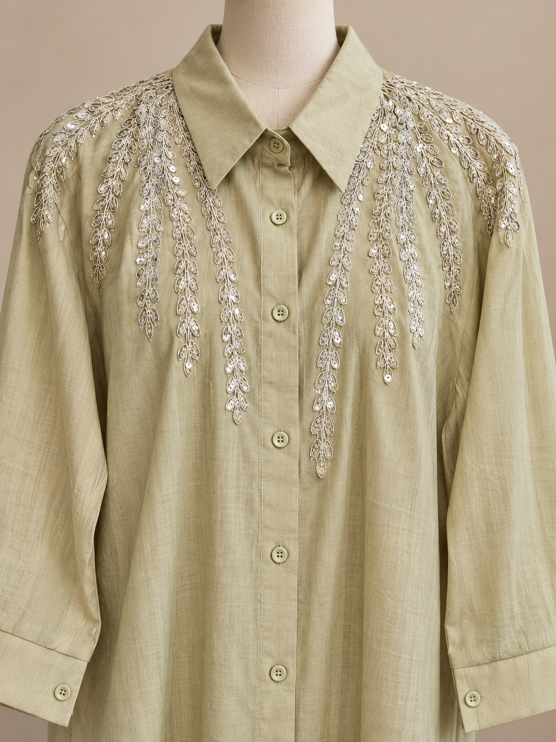 Elegant Sage Green Embroidered Button-Down Shirt