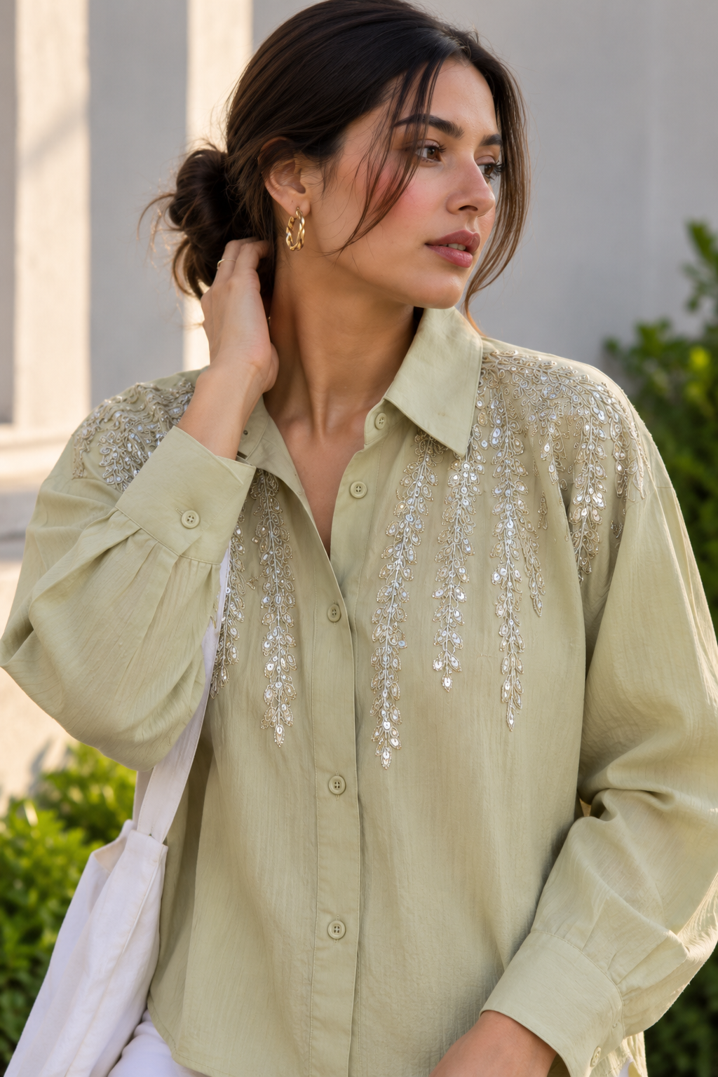 Elegant Sage Green Embroidered Button-Down Shirt