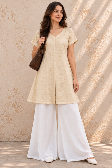Elegant Cream Thread Work Midi Dress