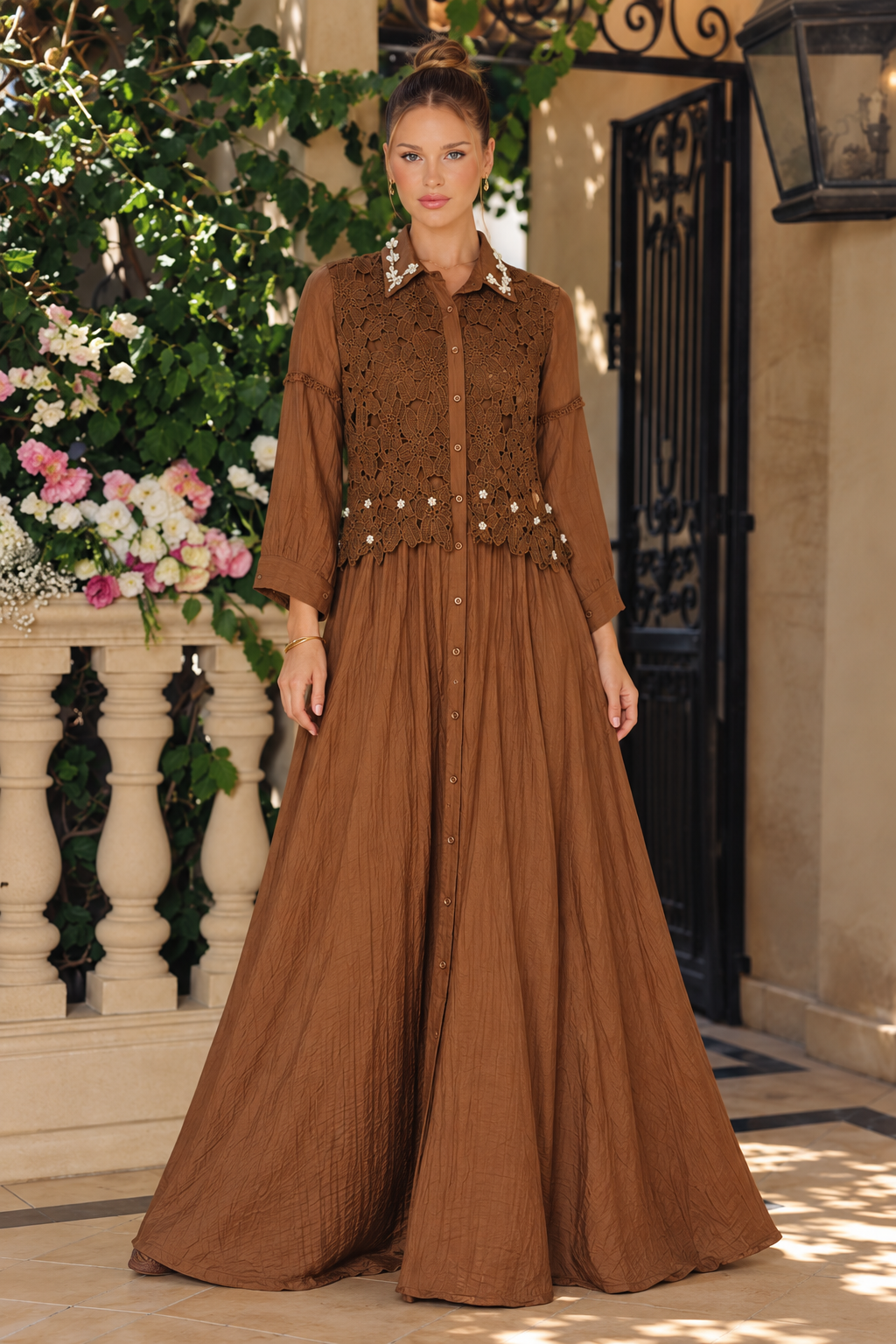 Chocolate Brown Crochet Lace Co-Ord Set for Women