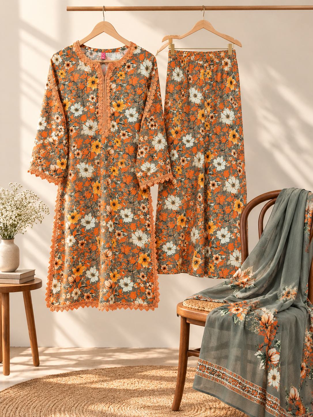 Elegant Floral Printed Kurta Set with Lace Detailing