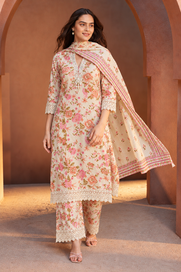Cream Floral Lace Kurta Set