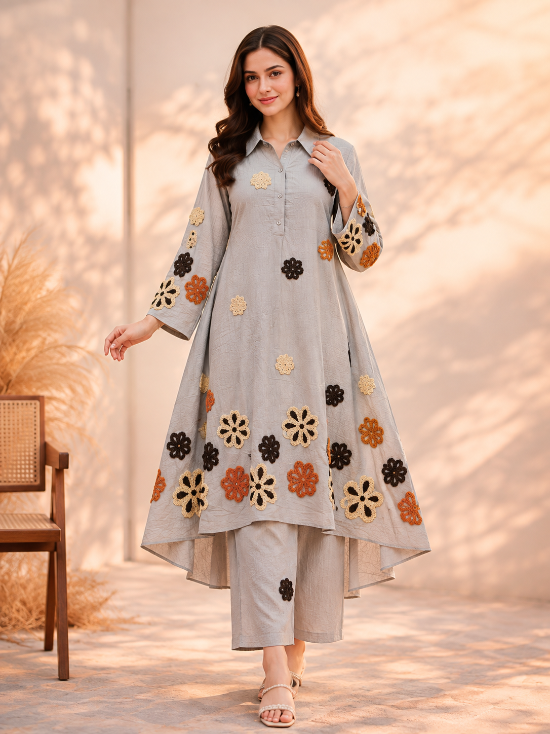 Grey Floral Embroidered Kurta Set