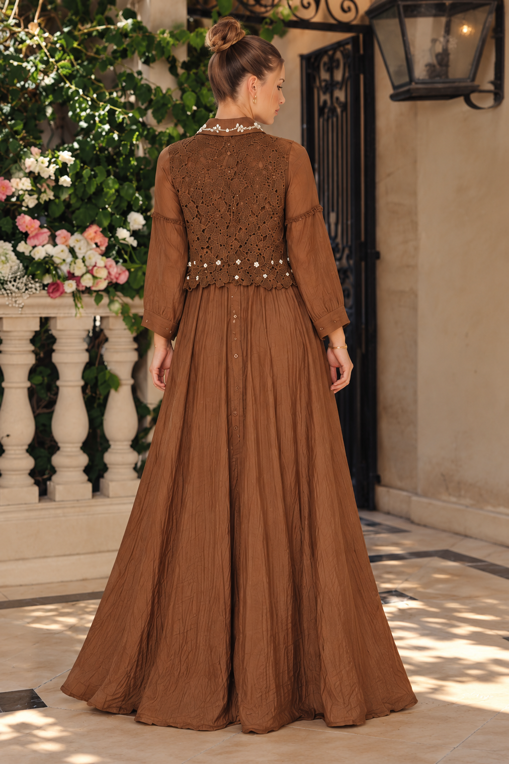 Chocolate Brown Crochet Lace Co-Ord Set for Women