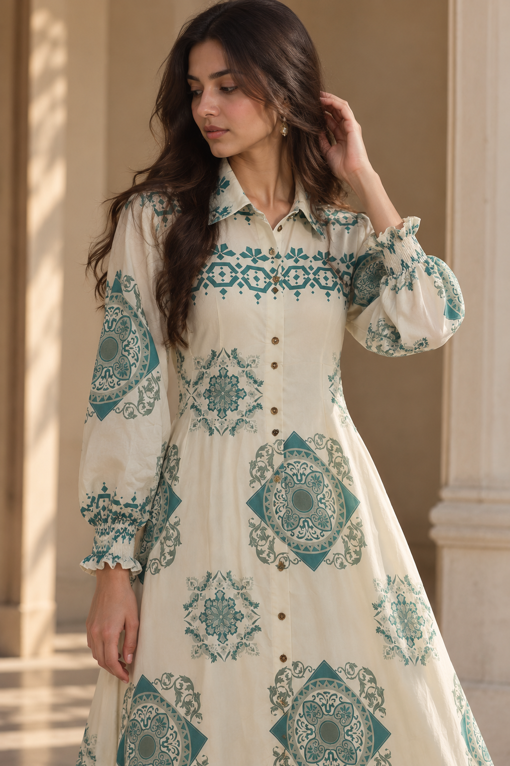 Elegant Ivory & Teal Printed Shirt-Style Maxi Dress