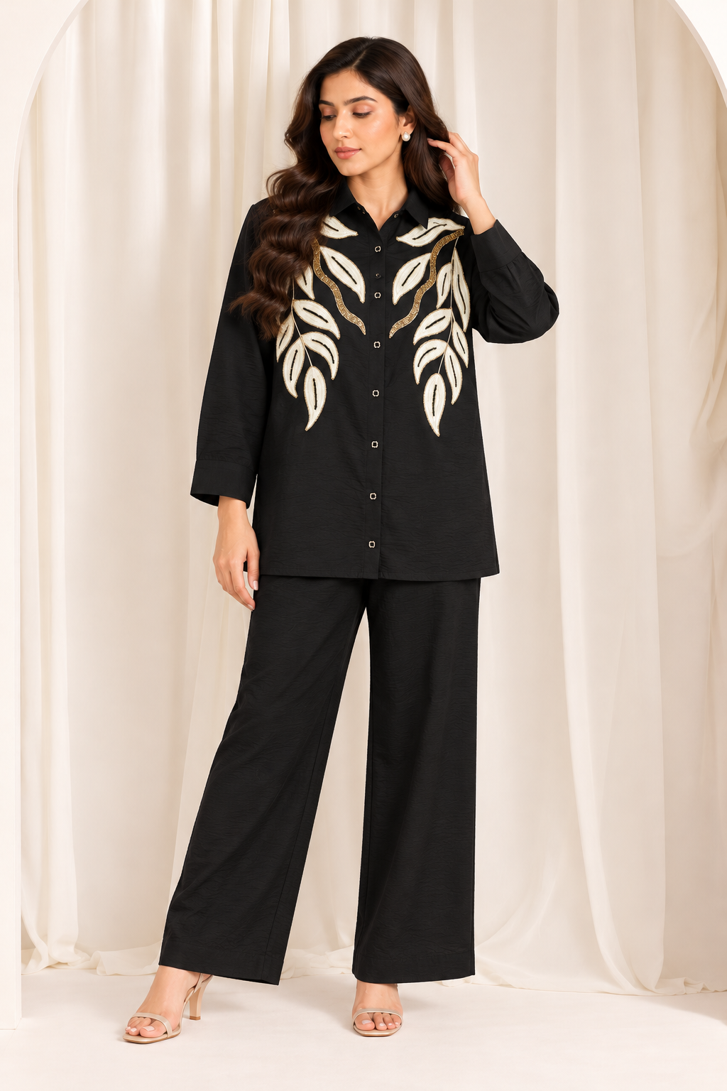 Black Embroidered Shirt-Style Co-Ord Set