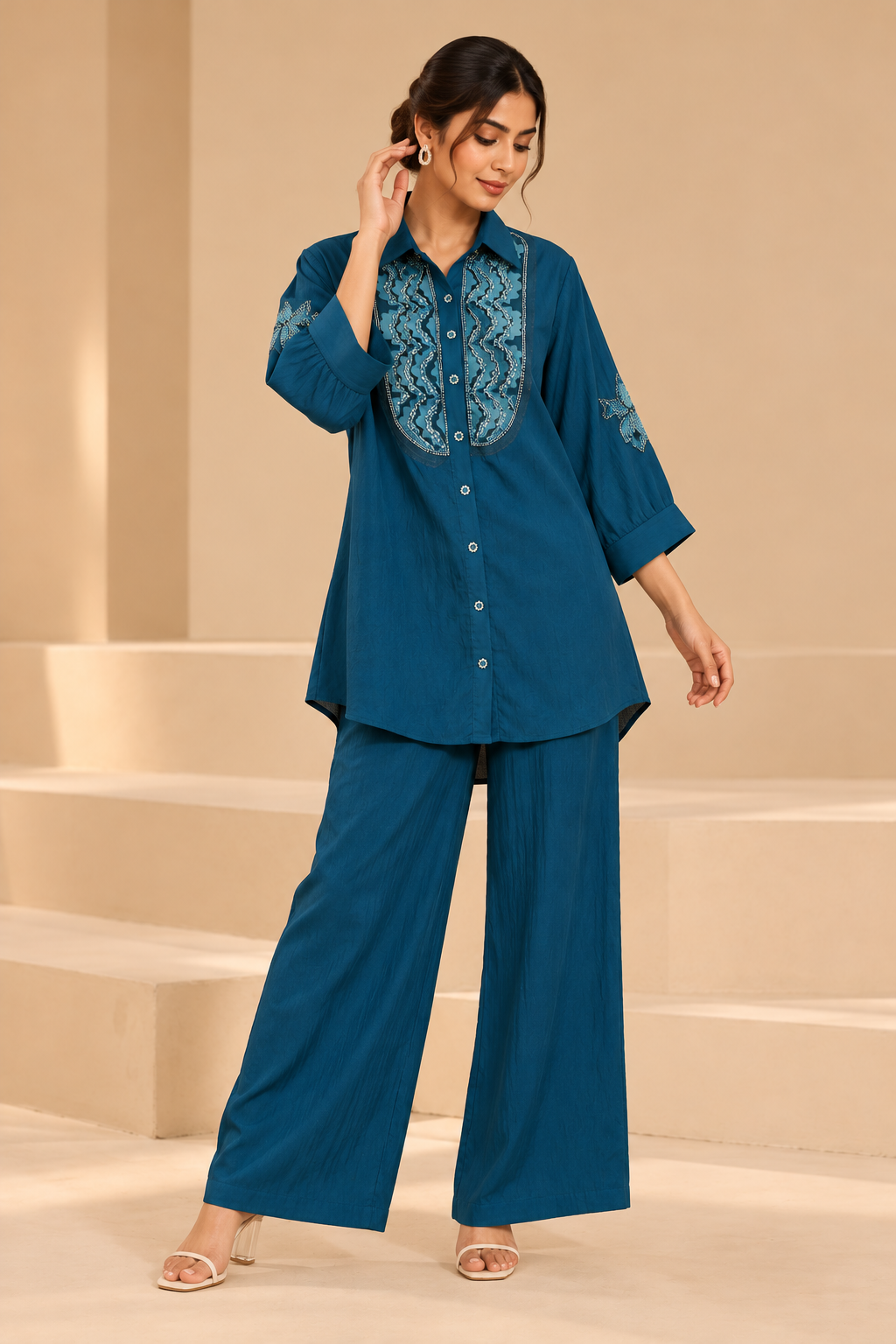 Teal Blue Embroidered Shirt-Style Co-Ord Set