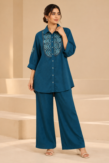Teal Blue Embroidered Shirt-Style Co-Ord Set