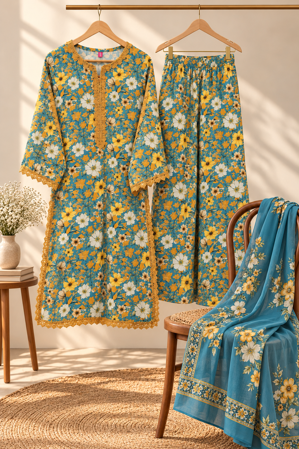 Teal Blue Floral Printed Kurta Set with Elegant Lace Detailing