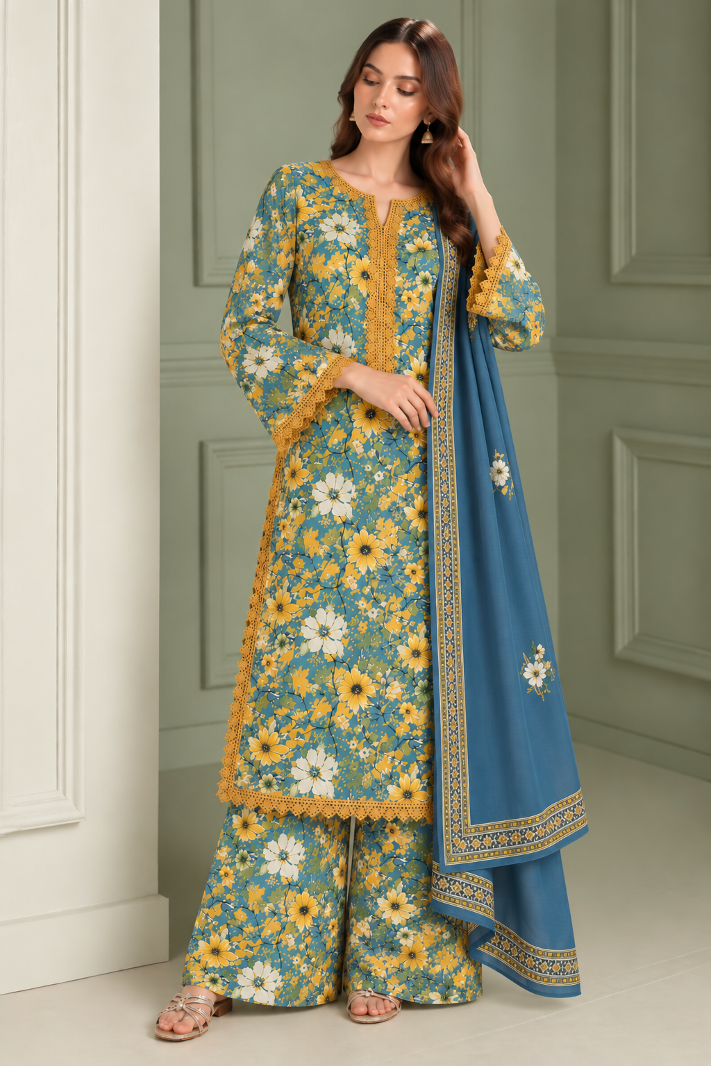 Teal Blue Floral Printed Kurta Set with Elegant Lace Detailing