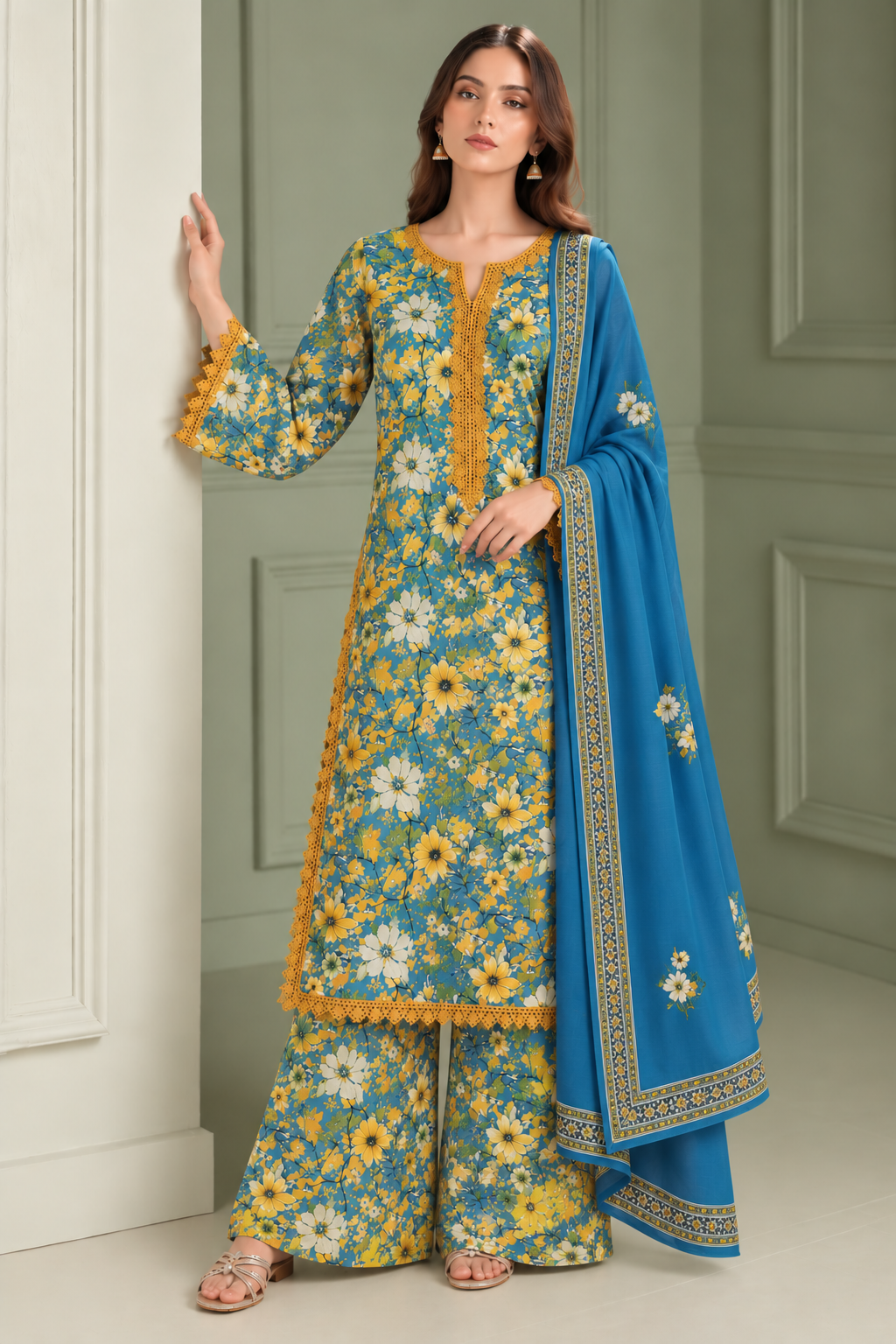 Teal Blue Floral Printed Kurta Set with Elegant Lace Detailing