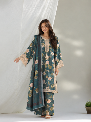 Elegant Teal Green Floral Printed Kurta Set with Lace Detailing & Matching Dupatta for Women