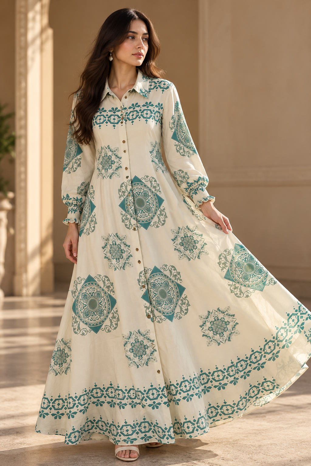 Elegant Ivory & Teal Printed Shirt-Style Maxi Dress