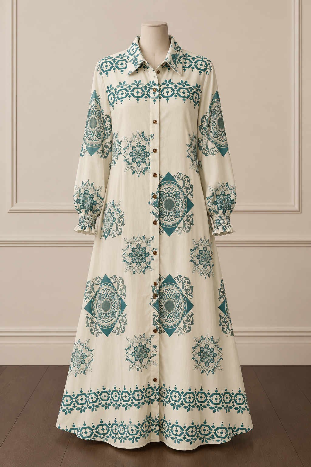 Elegant Ivory & Teal Printed Shirt-Style Maxi Dress