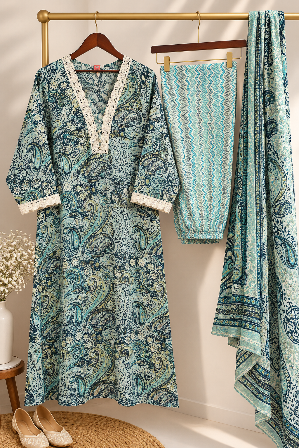 Blue Printed Cotton 3-Piece Set