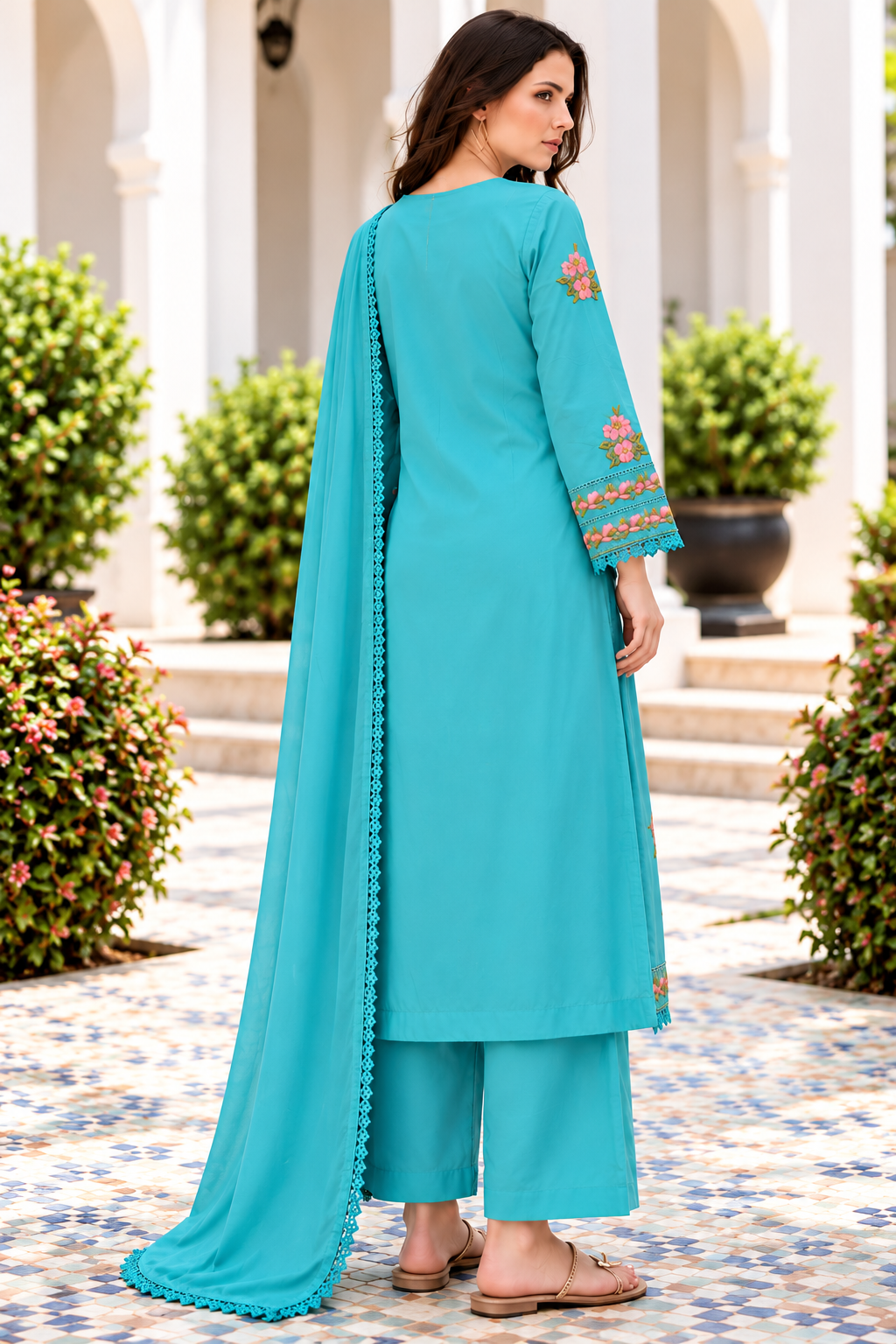 Elegant Turquoise Blue Floral Embroidered Kurti Pant Set