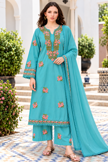 Elegant Turquoise Blue Floral Embroidered Kurti Pant Set