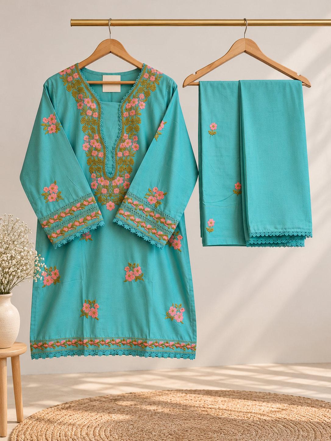 Elegant Turquoise Blue Floral Embroidered Kurti Pant Set
