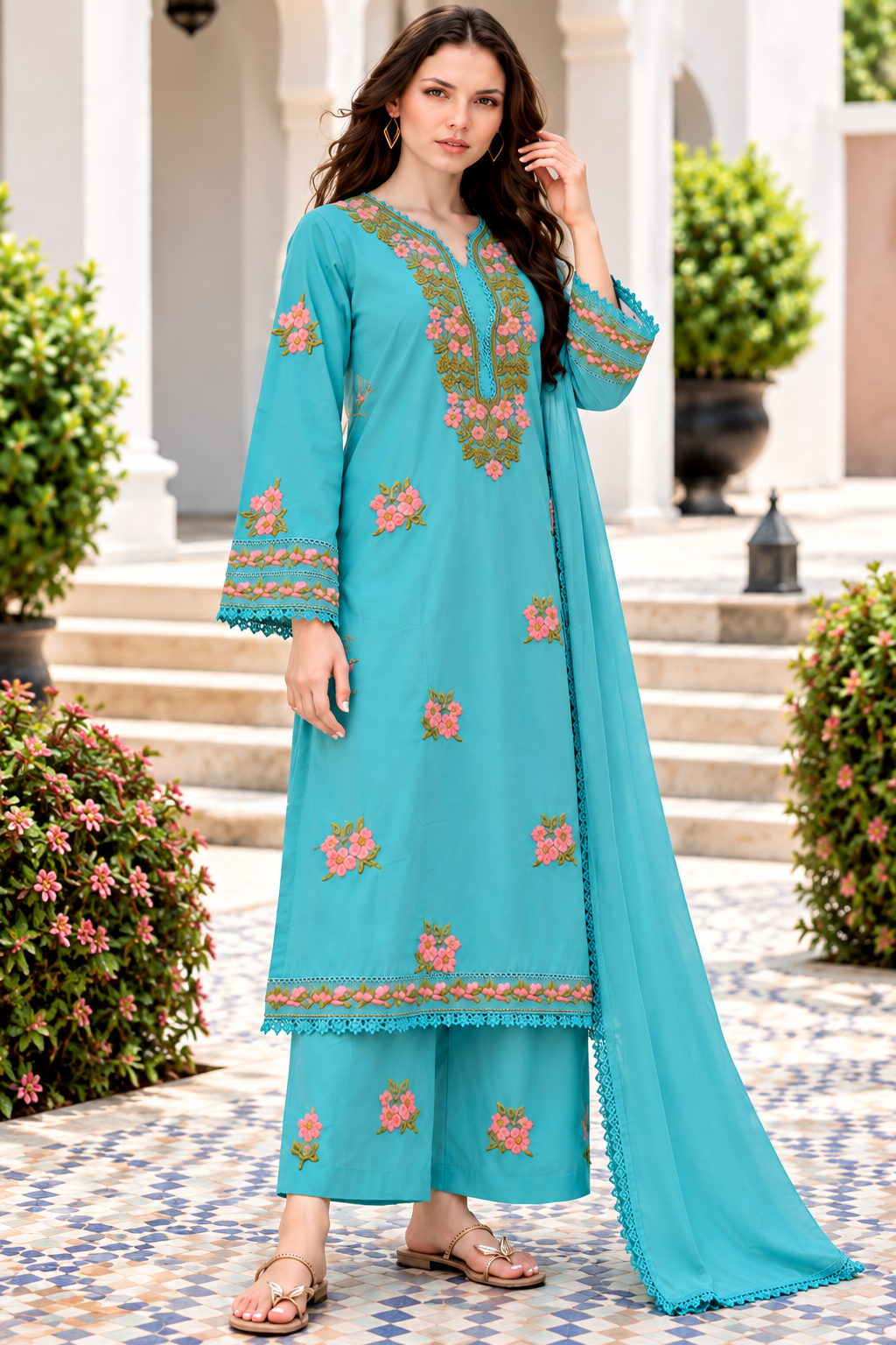 Elegant Turquoise Blue Floral Embroidered Kurti Pant Set
