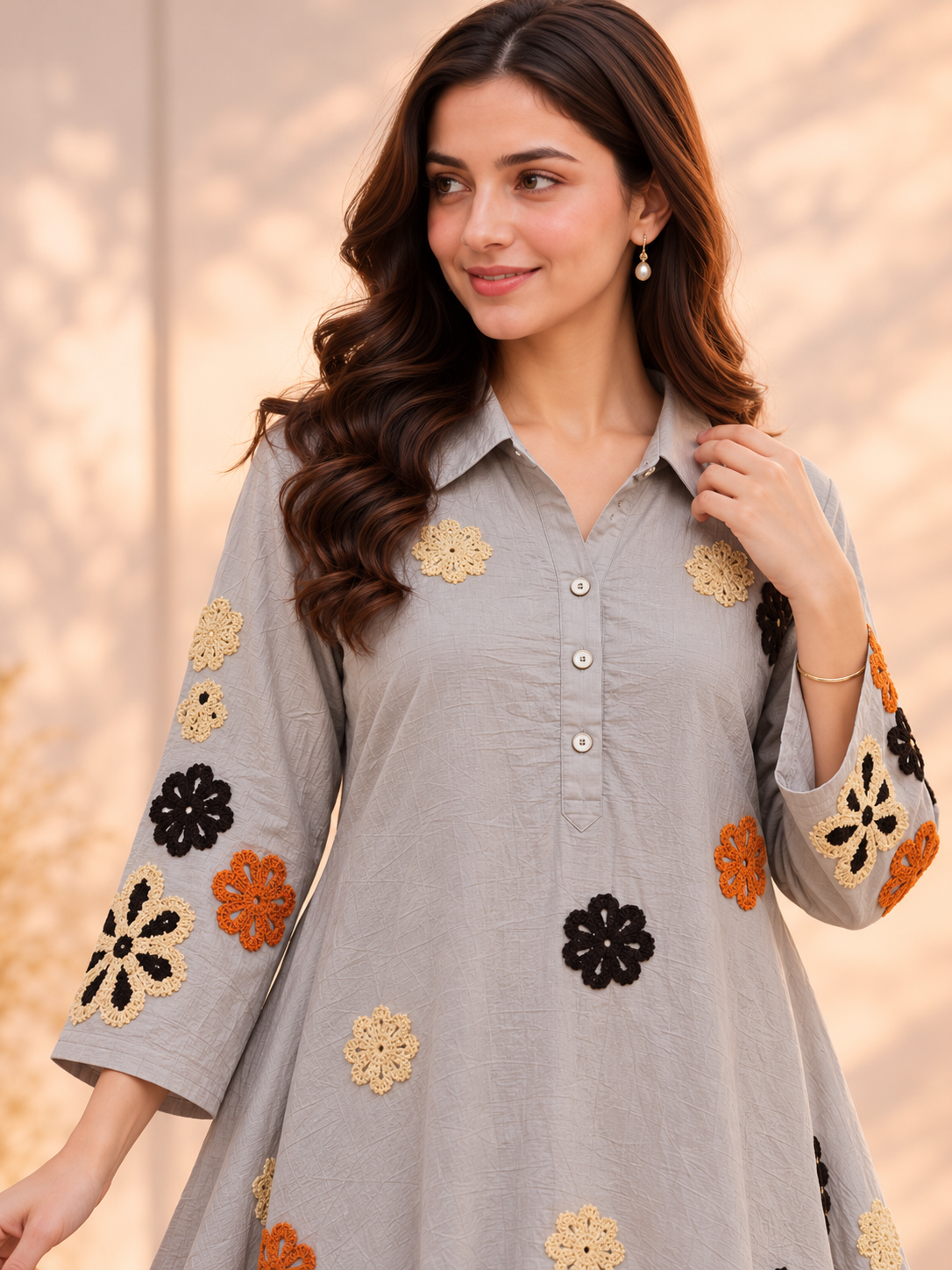 Grey Floral Embroidered Kurta Set