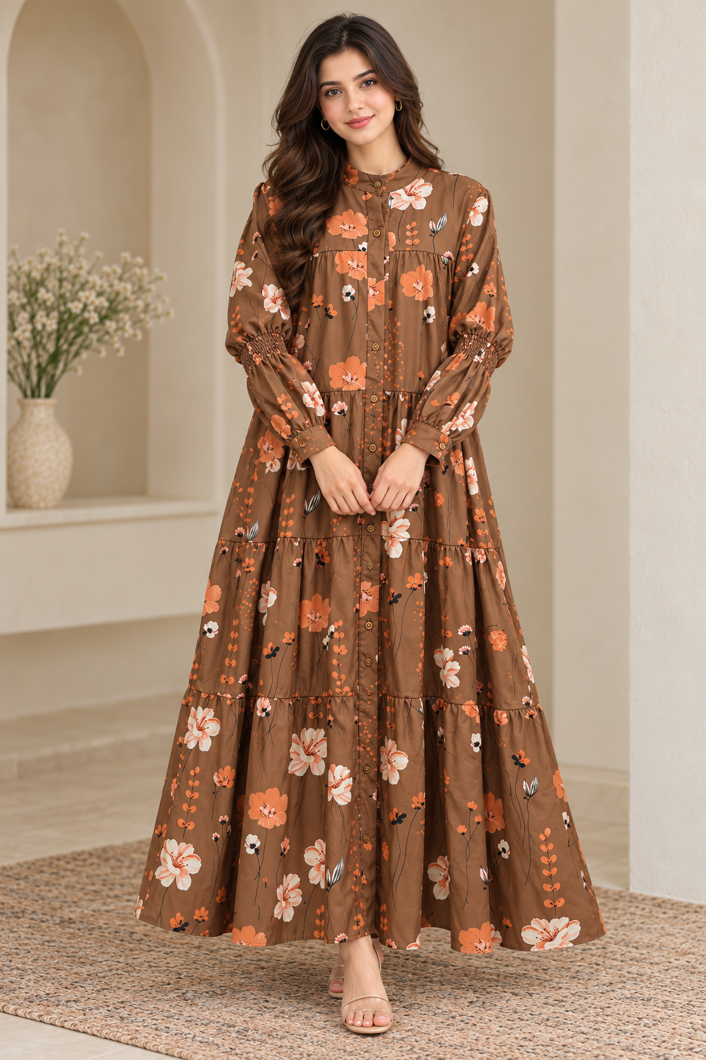 Brown Floral Tiered Maxi Dress