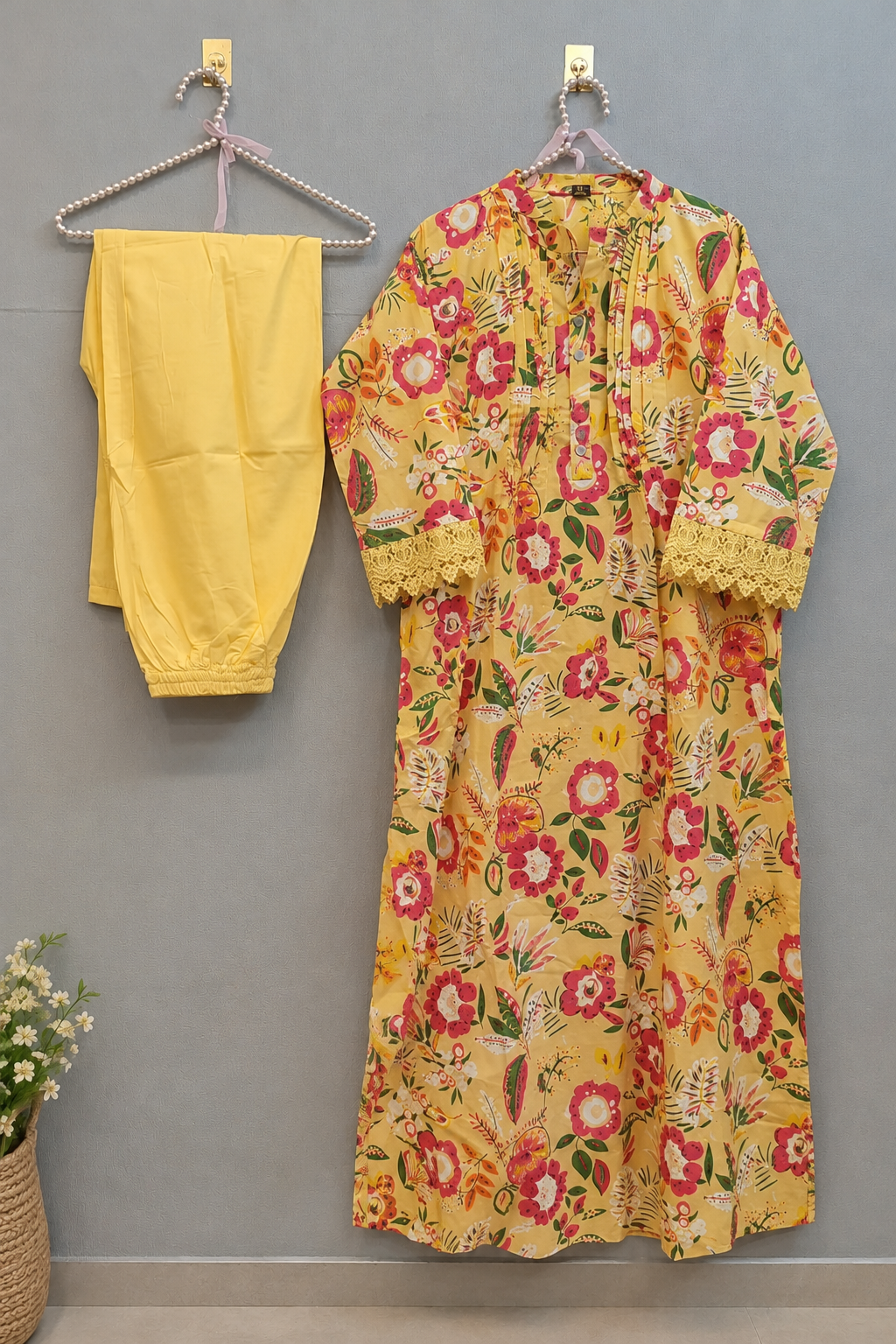 Yellow Floral Lace Kurta Set