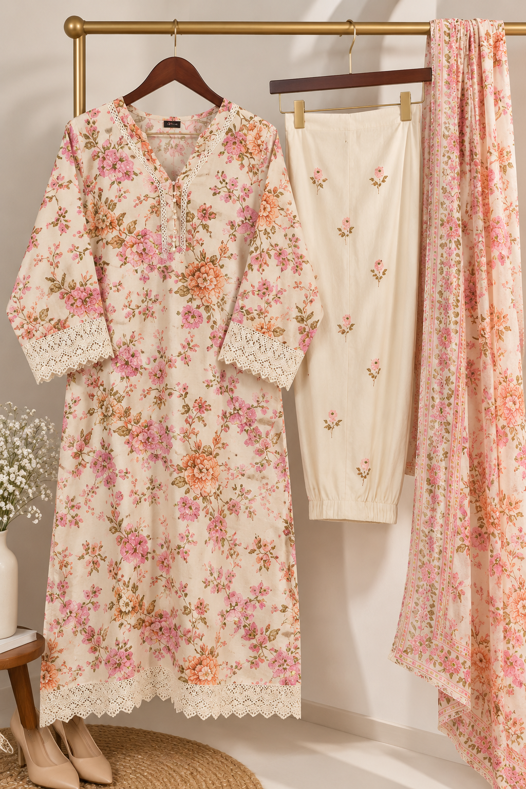 Cream Floral Lace Kurta Set