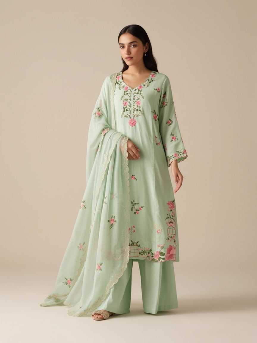 Pastel Mint Green Embroidered Kurta Set with Dupatta for Women
