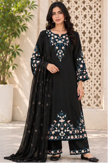Black Embroidered Kurta Set with Dupatta for Women