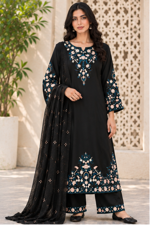 Black Embroidered Kurta Set with Dupatta for Women
