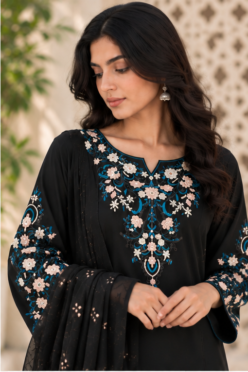 Black Embroidered Kurta Set with Dupatta for Women