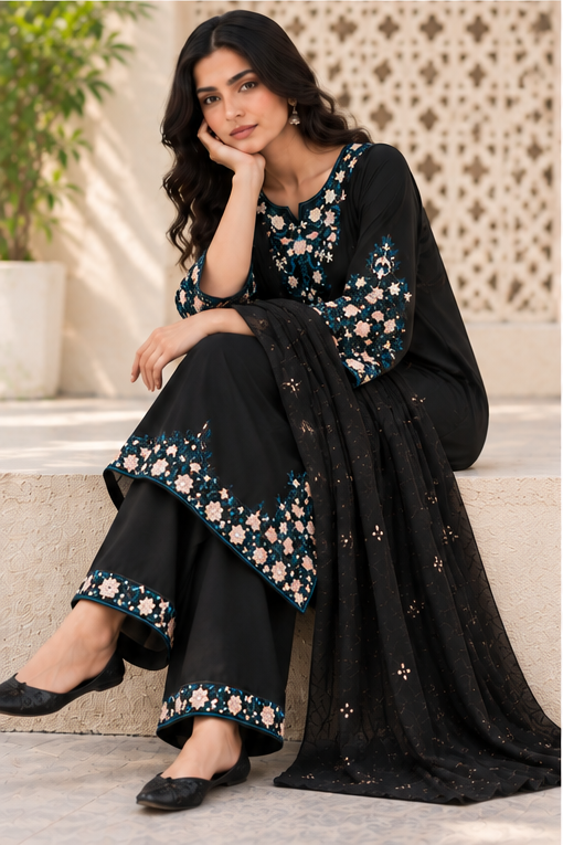 Black Embroidered Kurta Set with Dupatta for Women